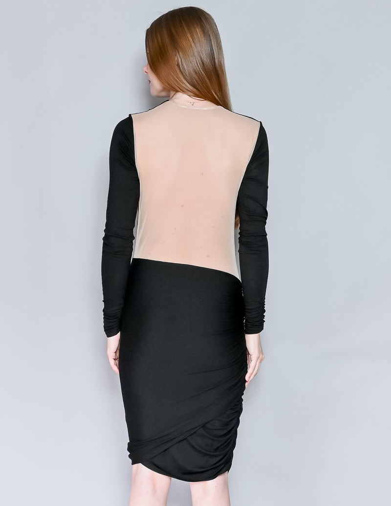 MASON Sheer Back Long-Sleeve Ruched Black Dress (M)
