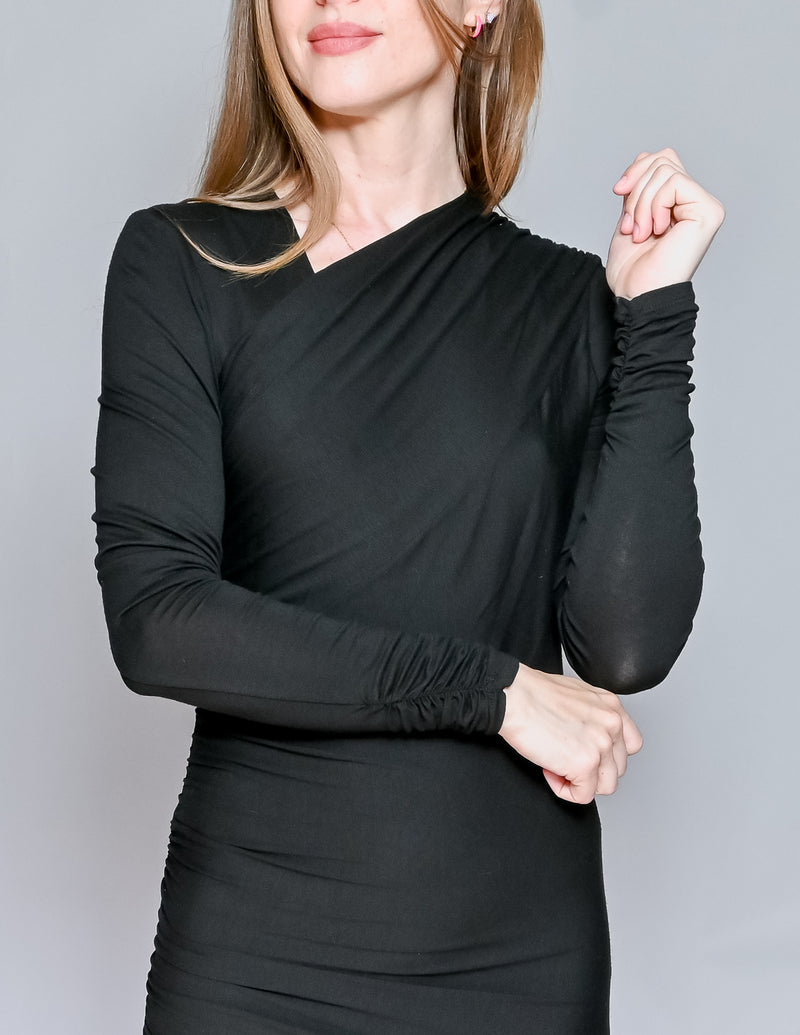 MASON Sheer Back Long-Sleeve Ruched Black Dress (M)