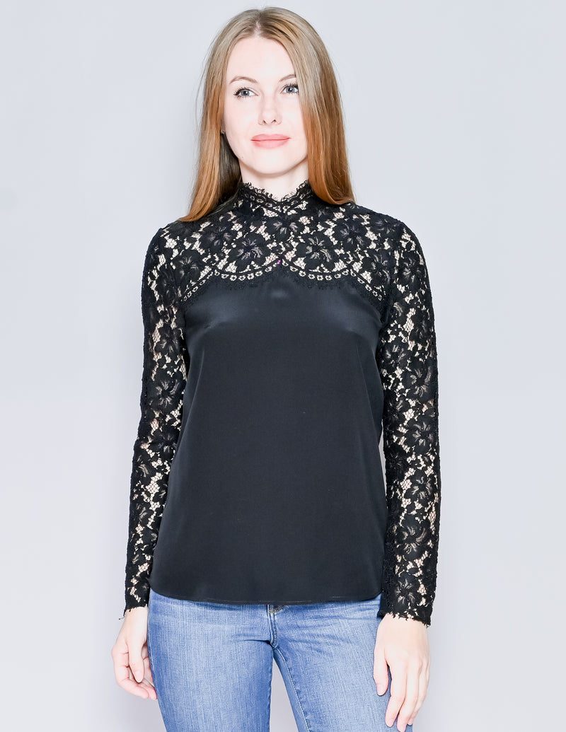 SANDRO Black Lace Contrast Silk Long-Sleeve Top (1/S)