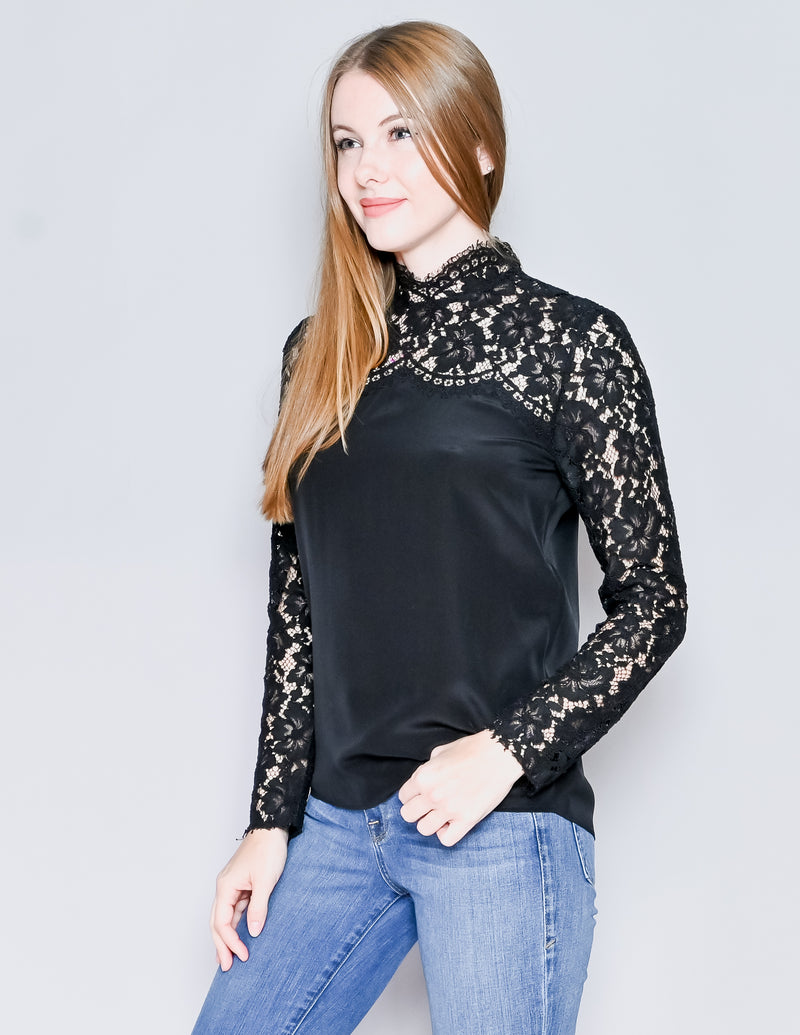 SANDRO Black Lace Contrast Silk Long-Sleeve Top (1/S)