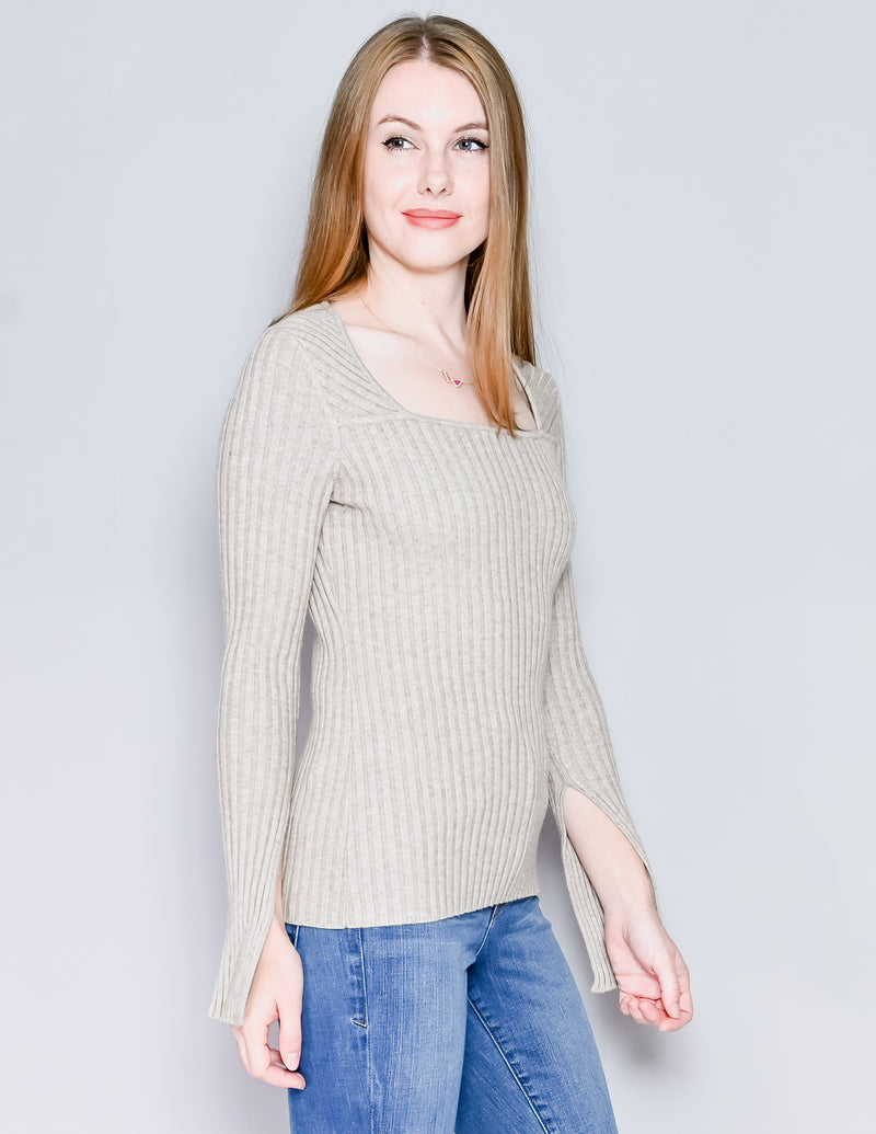 JH ZANE Mona Ribbed Square-Neck Top In Latte (XS)