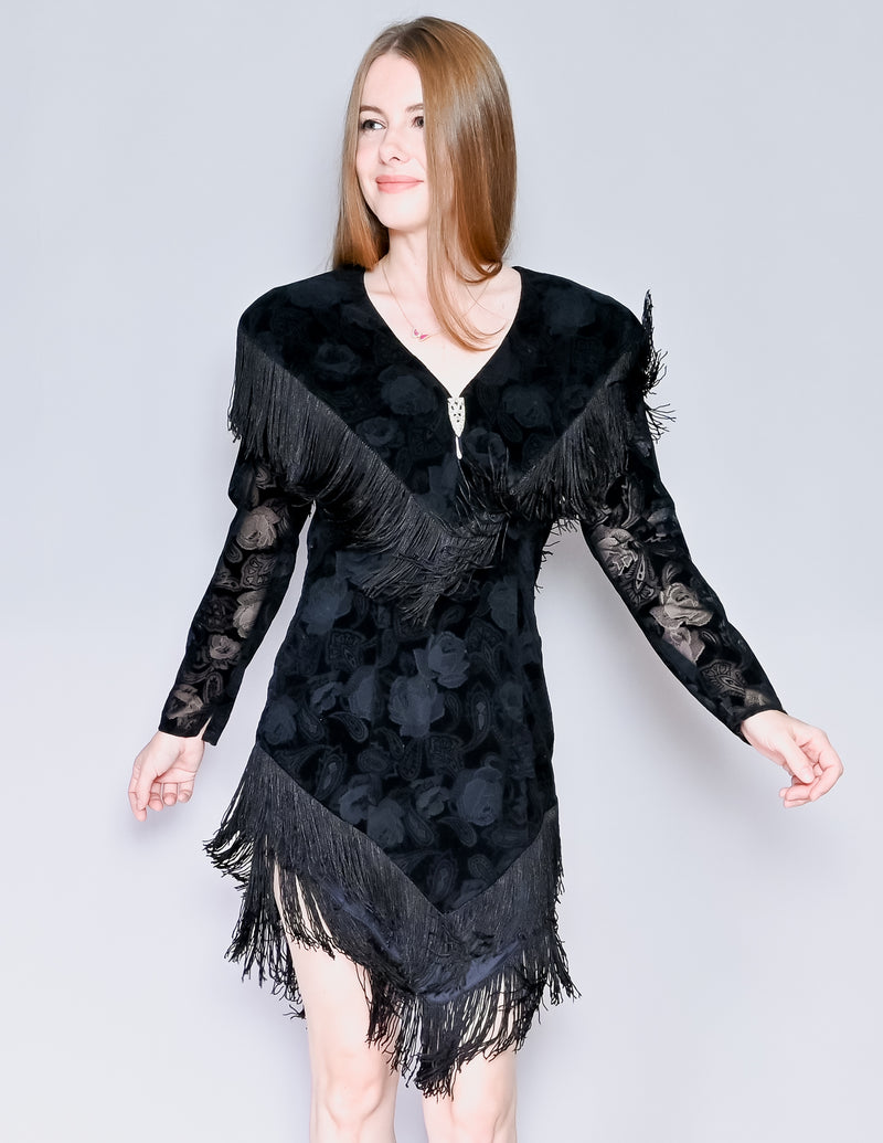 VINTAGE Velvet Burnout Fringe Mini Dress (M)