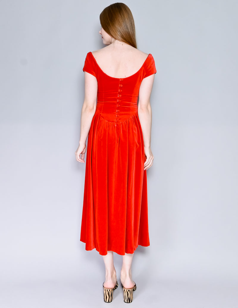 VINTAGE Laura Ashley Red Velvet Midi Dress (XS-S)