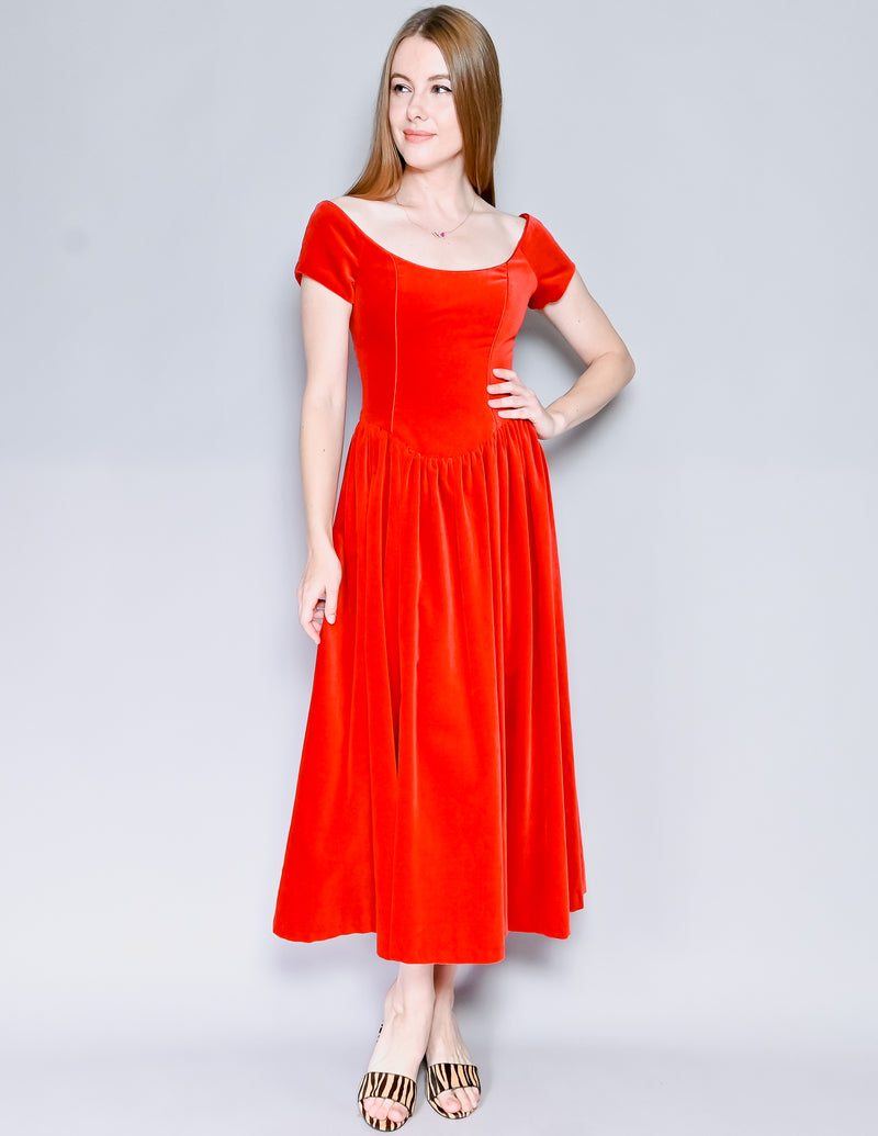 VINTAGE Laura Ashley Red Velvet Midi Dress (XS-S)