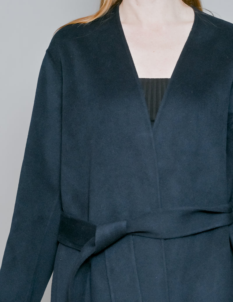 VINCE Coastal Blue Wool-Cashmere Belted Collarless Coat (M)