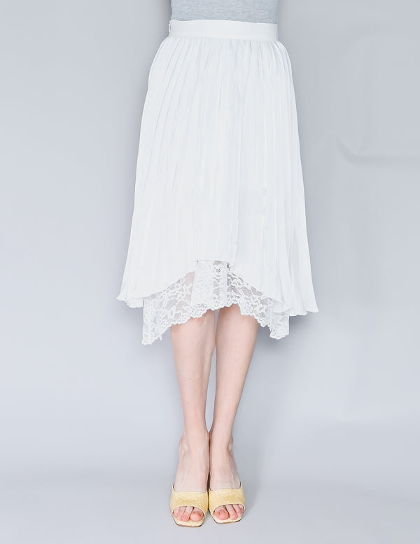 CALVIN LUO Lace Hem White Satin Pleated Skirt NWT (S)