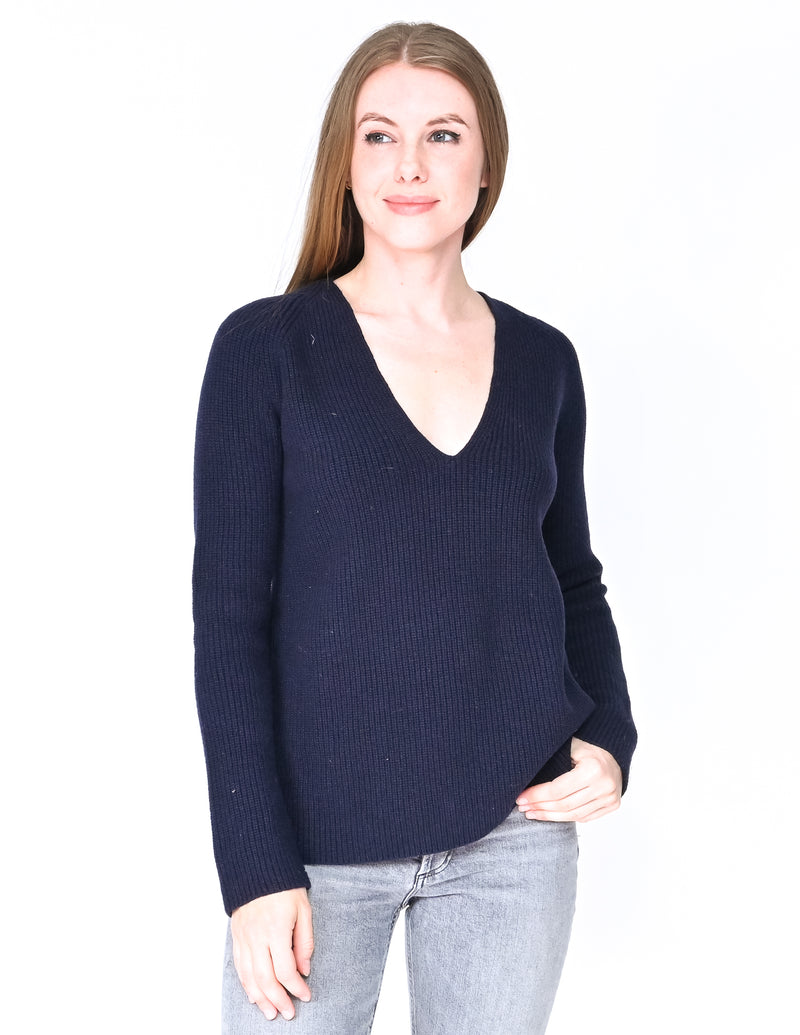 HELMUT LANG Blue Knit Wool Cashmere V Neck Sweater (Size XS)