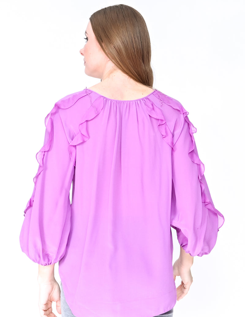 REBECCA TAYLOR Purple Ruffle Trim Silk Blouse (Size 4)