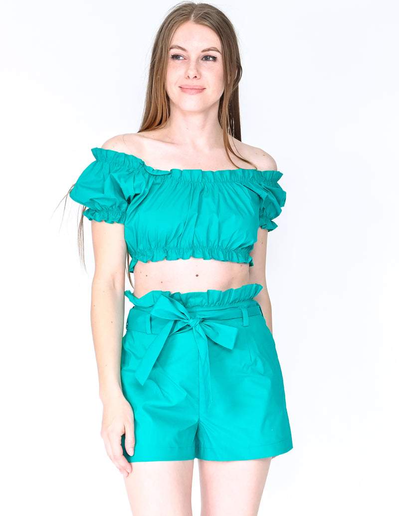 AMANDA UPRICHARD Teal Cissie Ruffle Top Shorts Set (Size S)