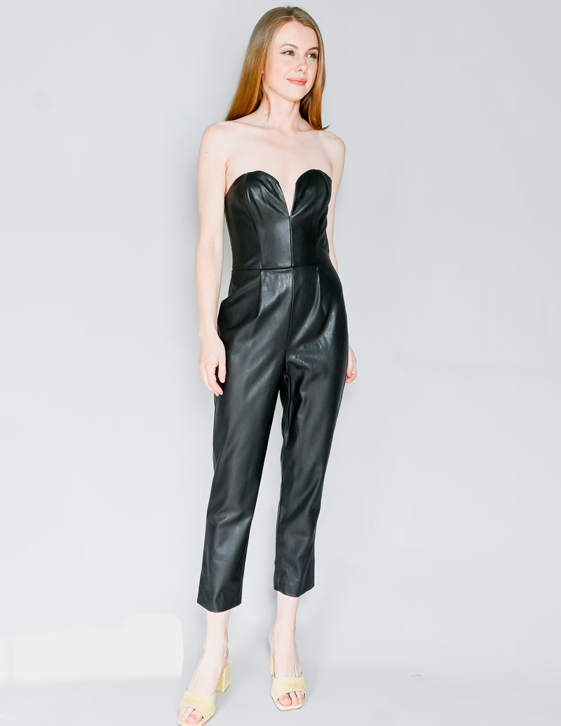 AMANDA UPRICHARD Black Faux Leather Cherri Strapless Jumpsuit (S)