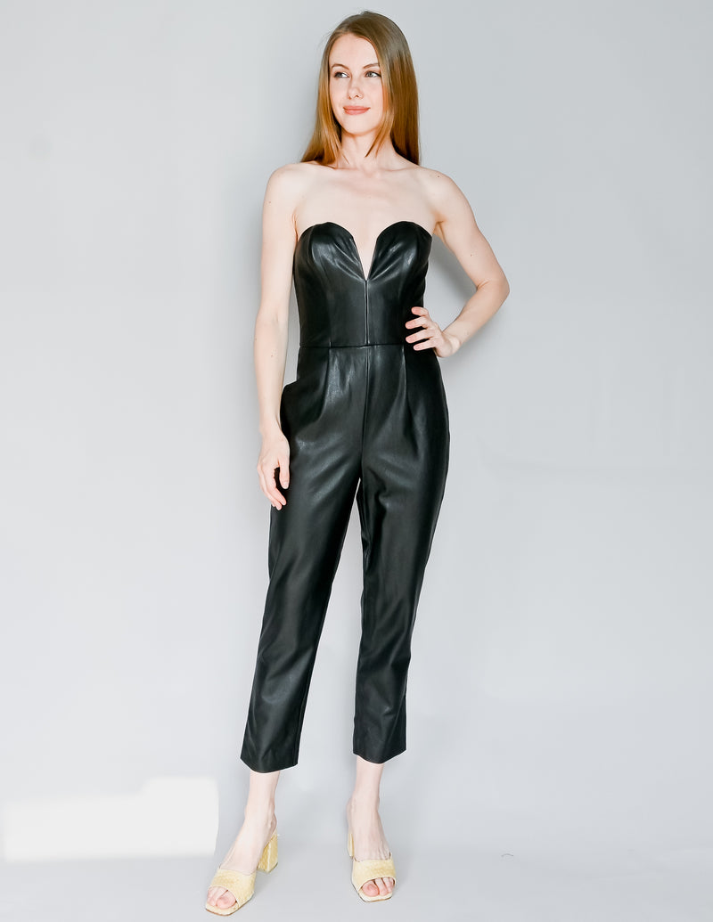 AMANDA UPRICHARD Black Faux Leather Cherri Strapless Jumpsuit (S)