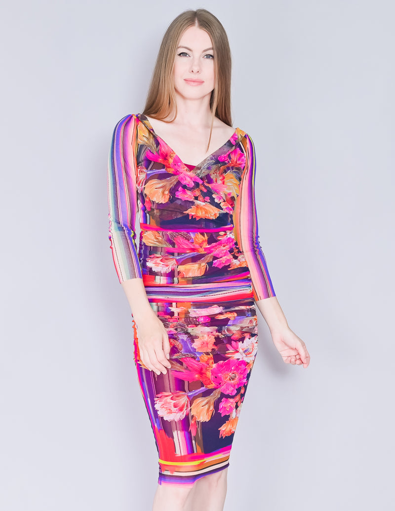FUZZI Floral Print Mesh Ruched Midi Dress (Size XS)
