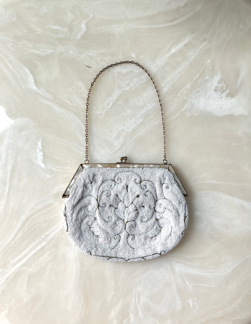 VINTAGE Frivolity Beaded White Mother of Pearl Mini Bag with Chain