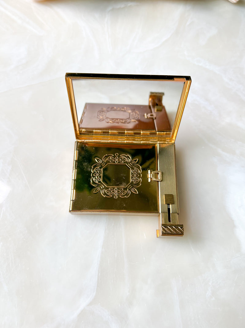VOLUPTÉ Gold Vintage 1950s Rare Compact w/ Lipstick Closure Pouf Net & Mirror